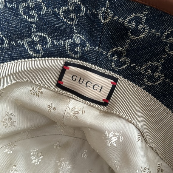 Gucci Bucket Hat Blue Denim Beige GG Monogram Logo Leather Trim Sz Med BNIB - Picture 4 of 8